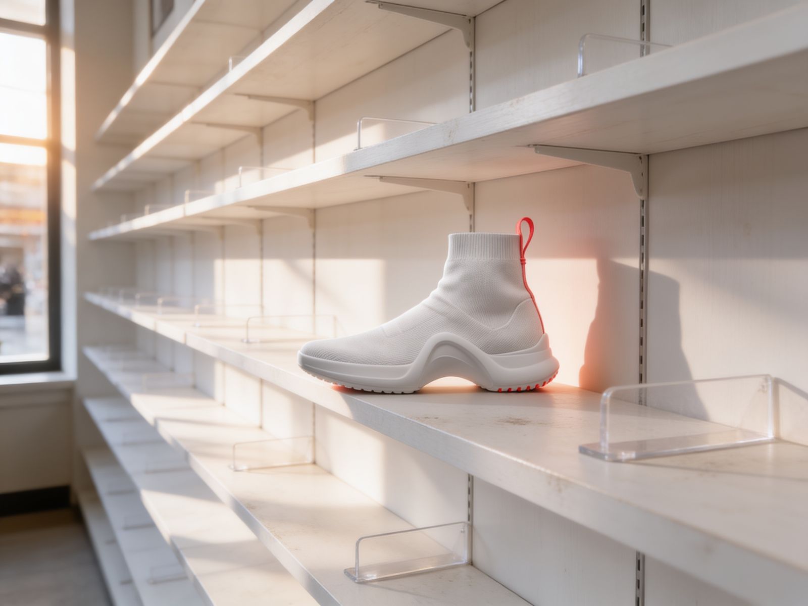 A sold-out shop shelf with one trainer left on it